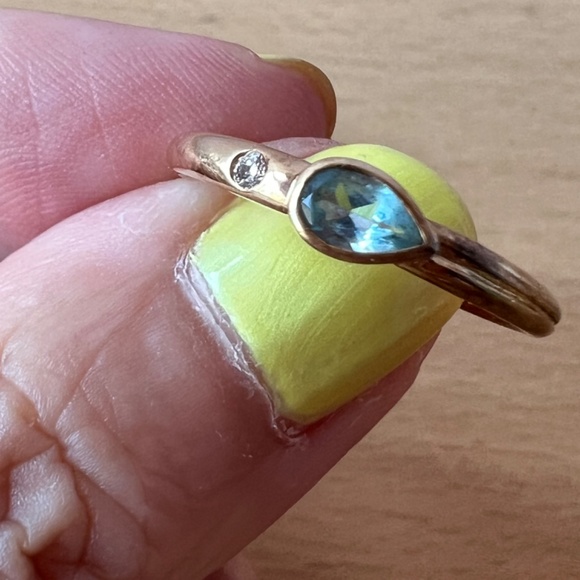 VINTAGE 14K YELLOW GOLD PEAR CUT BLUE TOPAZ DIAMOND BAND RING STACKABLE SLEEK - Picture 9 of 16